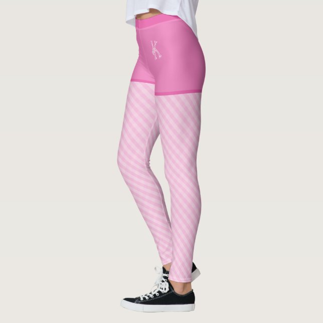Pink Trendy Vintage Gingham Pattern Custom Initial Leggings (Left)