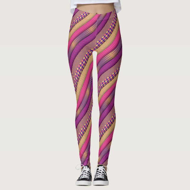 Pink Tribal Stripes Geometric Pattern  Bold Ethnic Leggings (Front)
