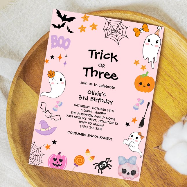 Pink Trick or Treat Halloween 3rd Birthday  Invitation (Pink Trick or Treat Girl Halloween 3rd Birthday Invitation )