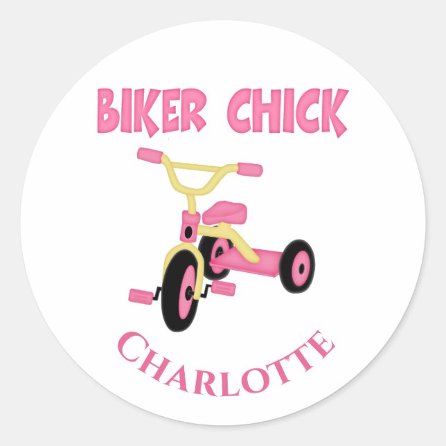 Pink Tricycle Biker Chick Classic Round Sticker (Front)