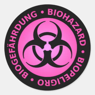 Pink Trilingual Biohazard Warning Sticker