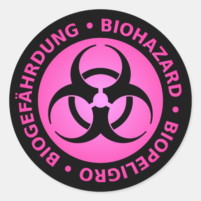 Pink Trilingual Biohazard Warning Sticker (Front)