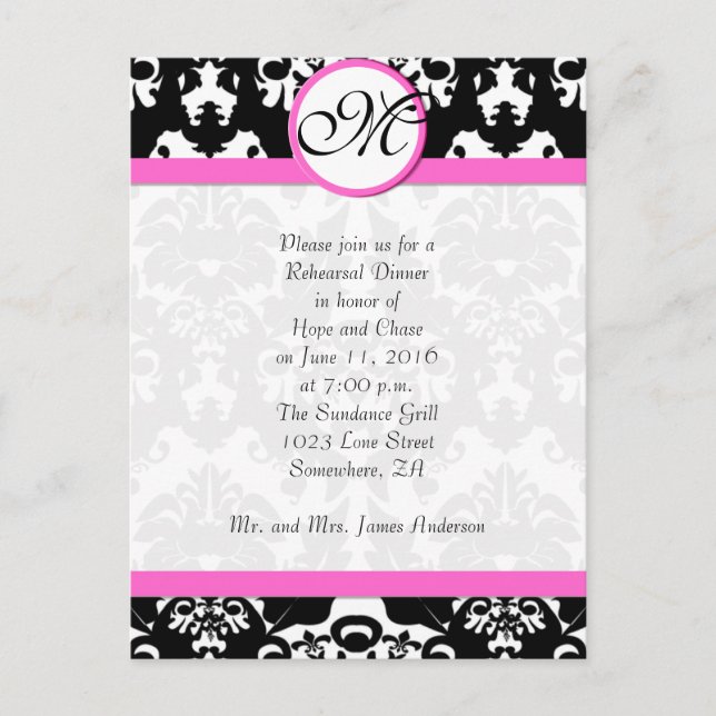 Pink Trim Black Damask Rehearsal Dinner Invitation Postcard (Front)