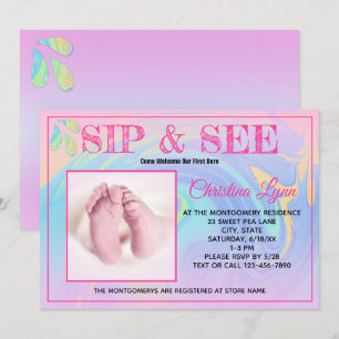 Pink Trim New Born Sip and See Custom Photo Invitation