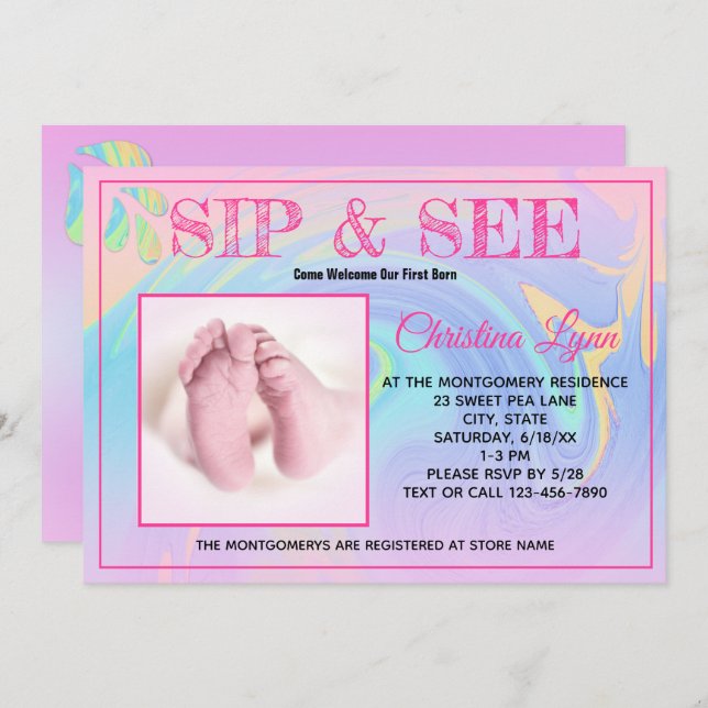 Pink Trim New Born Sip and See Custom Photo Invitation (Front/Back)