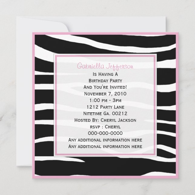 Pink Trimmed: Zebra Party Invitation (Front)