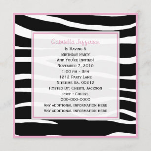 Pink Trimmed: Zebra Party Invitation