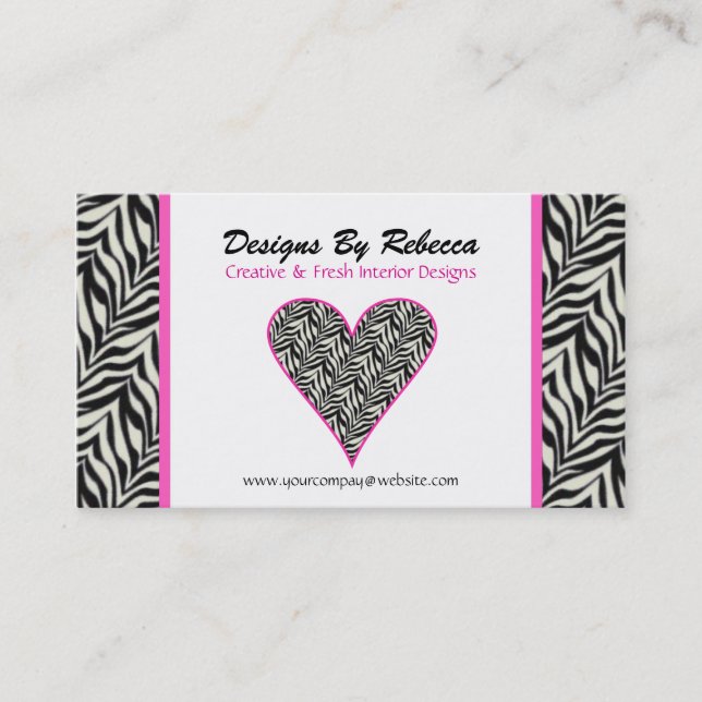 Pink Trimmed Zebra Print Heart Business Card (Front)