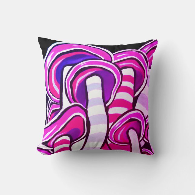 Pink Trippy Psychedelic Mushrooms Hippie Print Cushion (Front)