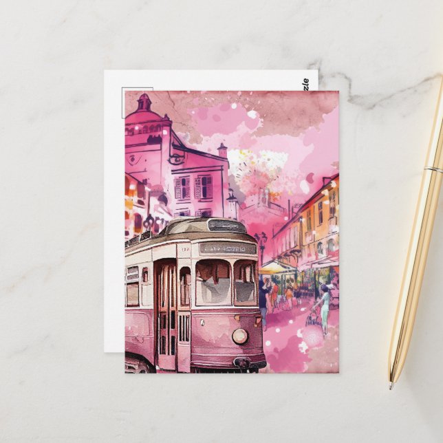 Pink Trolly Car Cityscape Illustration Postcard (Front/Back In Situ)