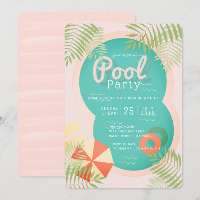 Pink Tropical Adult Pool Party Invitation (Front/Back)