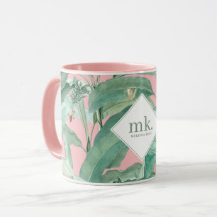 Pink Tropical Banana Leaves Monogrammed Mug