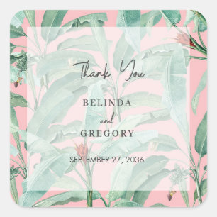 Pink Tropical Banana Palm Leaves Wedding Favour Square Sticker