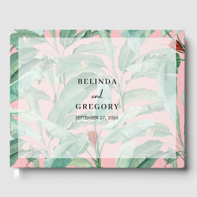 Pink Tropical Banana Palm Leaves Wedding  Guest Book (Front)