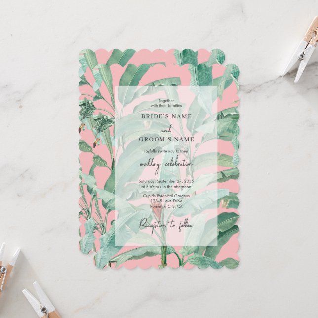 Pink Tropical Banana Palm Leaves Wedding Invitation (Front/Back In Situ)