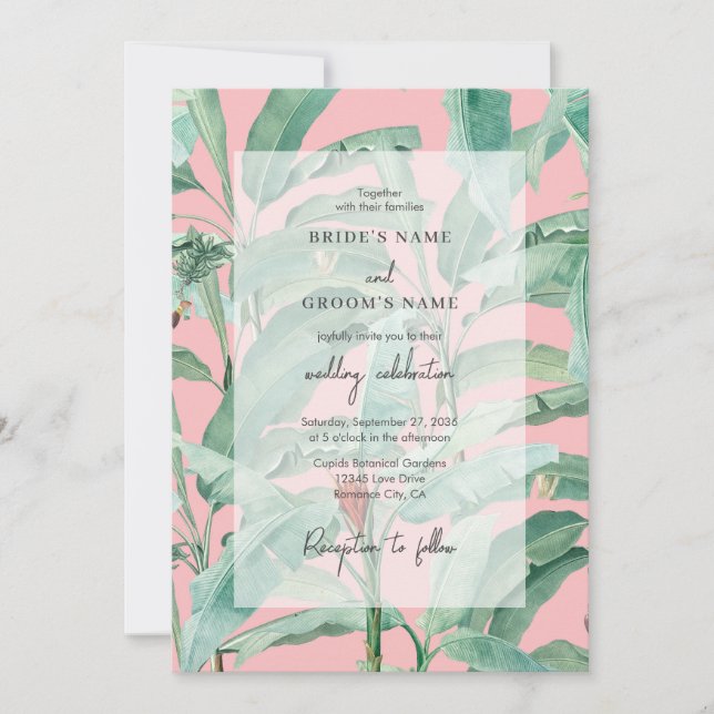 Pink Tropical Banana Palm Leaves Wedding Invitation (Front)