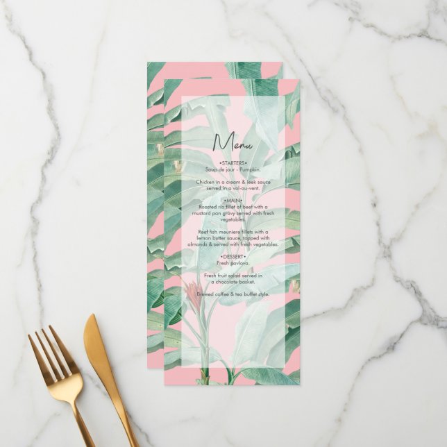 Pink Tropical Banana Palm Leaves Wedding Menu (Front/Back In Situ)
