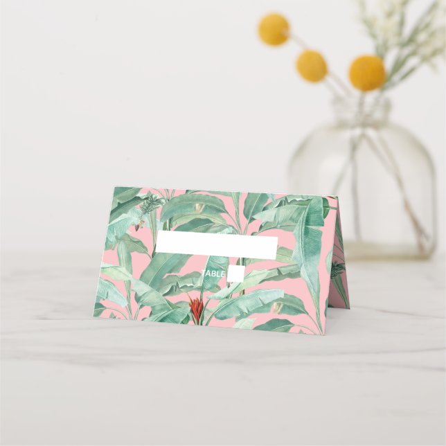Pink Tropical Banana Palm Leaves Wedding Place Card (Front)