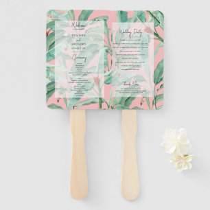 Pink Tropical Banana Palm Leaves Wedding Program Hand Fan