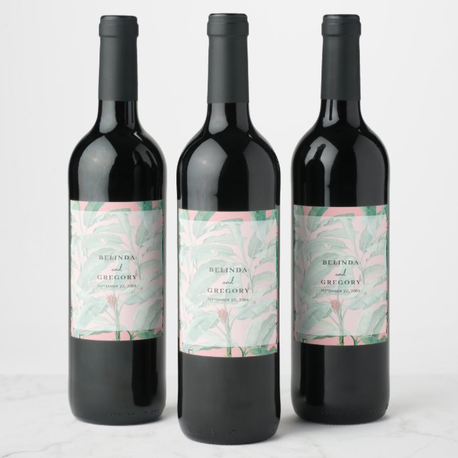 Pink Tropical Banana Palm Leaves Wedding  Wine Label (Bottles)