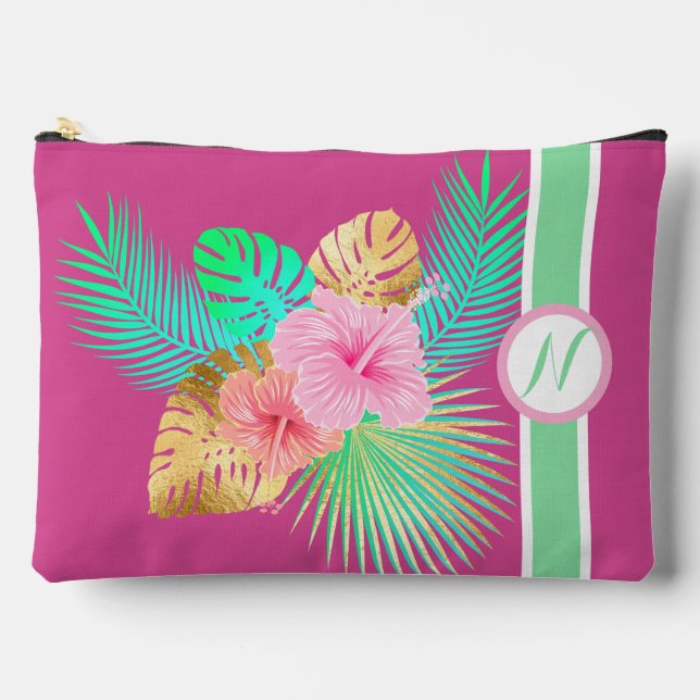 Pink Tropical Beach Monogram  Accessory Pouch (Front)