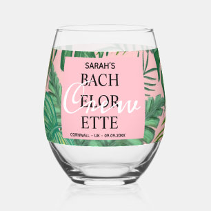 Pink Tropical Beach Palm Bridesmaids Bachelorette Stemless Wine Glass