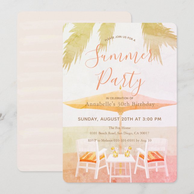 Pink Tropical Beach Summer Party Invitation (Front/Back)