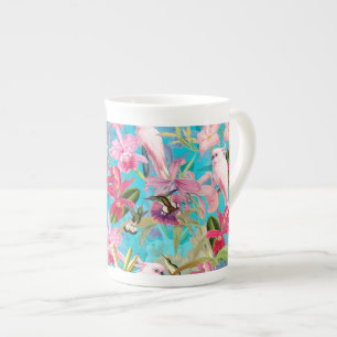 Pink Tropical Bird And Orchid Flower Pattern Bone China Mug