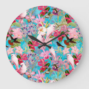 Pink Tropical Bird And Orchid Flower Pattern Large Clock