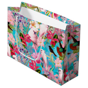 Pink Tropical Bird And Orchid Flower Pattern Large Gift Bag