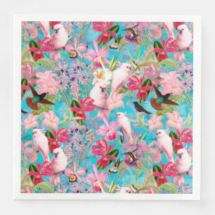 Pink Tropical Bird And Orchid Flower Pattern Napkin