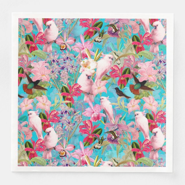 Pink Tropical Bird And Orchid Flower Pattern Napkin (Front)