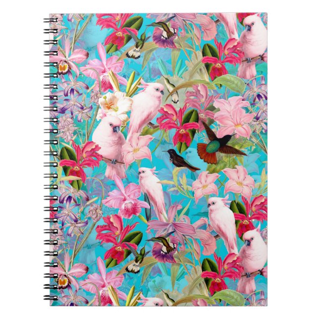 Pink Tropical Bird And Orchid Flower Pattern Notebook (Front)