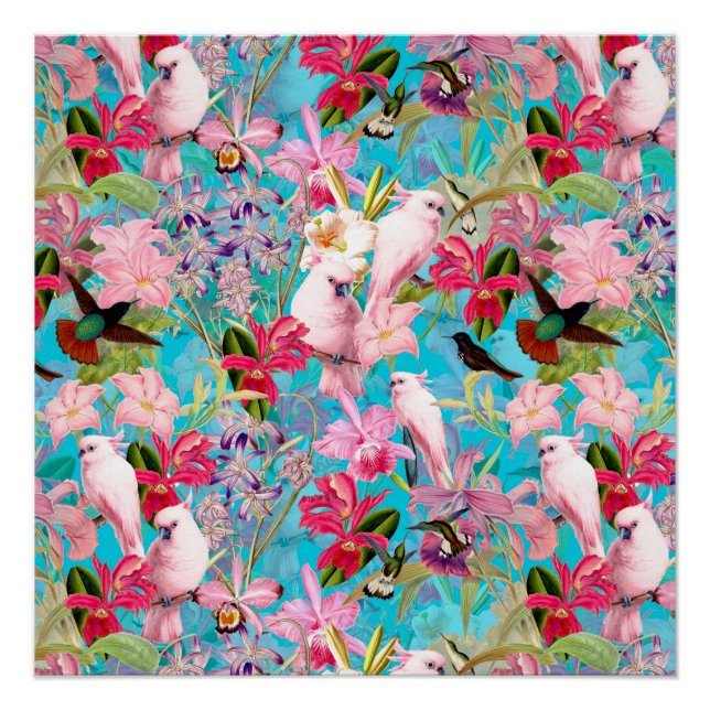 Pink Tropical Bird And Orchid Flower Pattern Poster (Front)