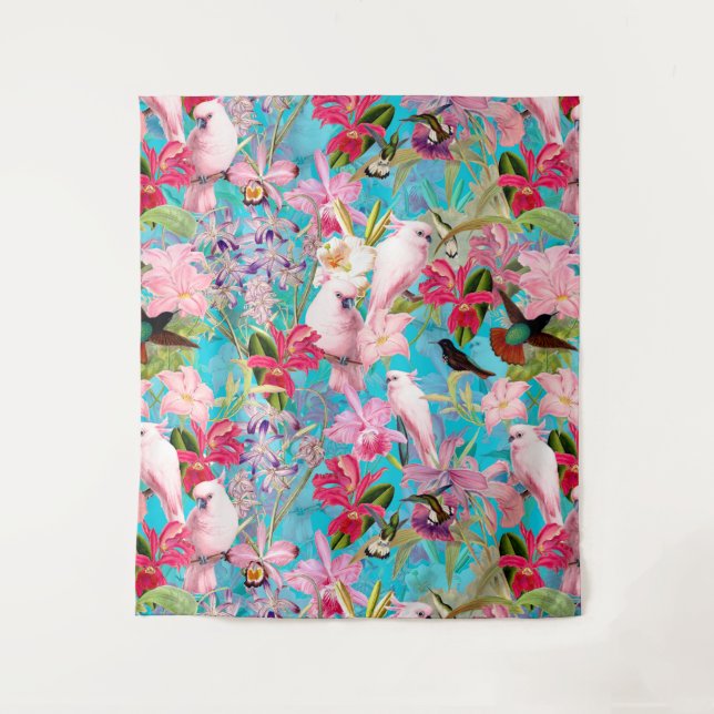 Pink Tropical Bird And Orchid Flower Pattern Tapestry (Front)