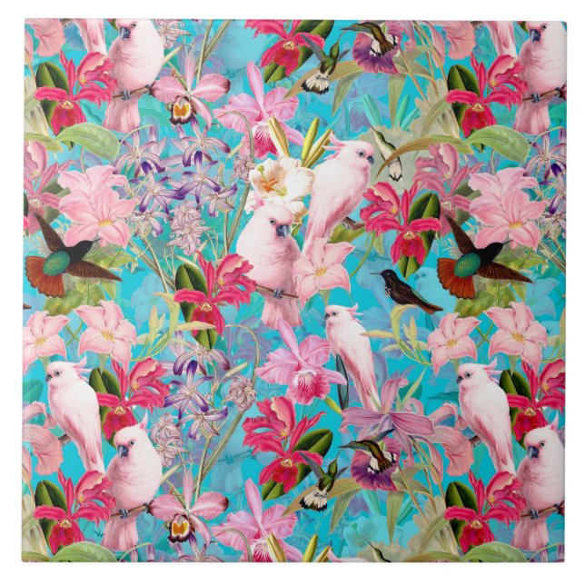 Pink Tropical Bird And Orchid Flower Pattern Tile (Front)