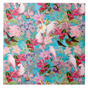 Pink Tropical Bird And Orchid Flower Pattern Tile