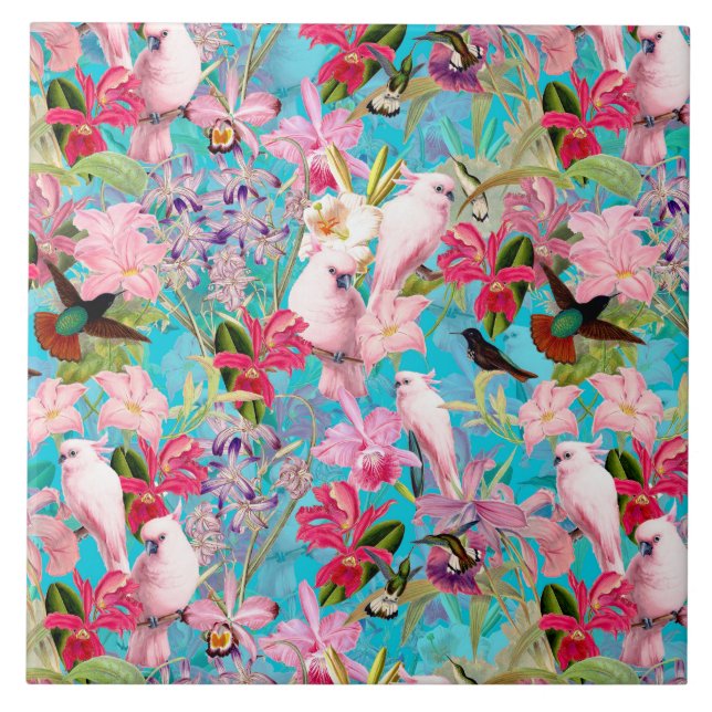Pink Tropical Bird And Orchid Flower Pattern Tile (Front)