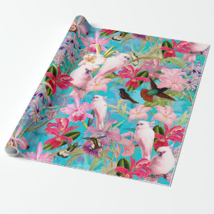 Pink Tropical Bird And Orchid Flower Pattern Wrapping Paper