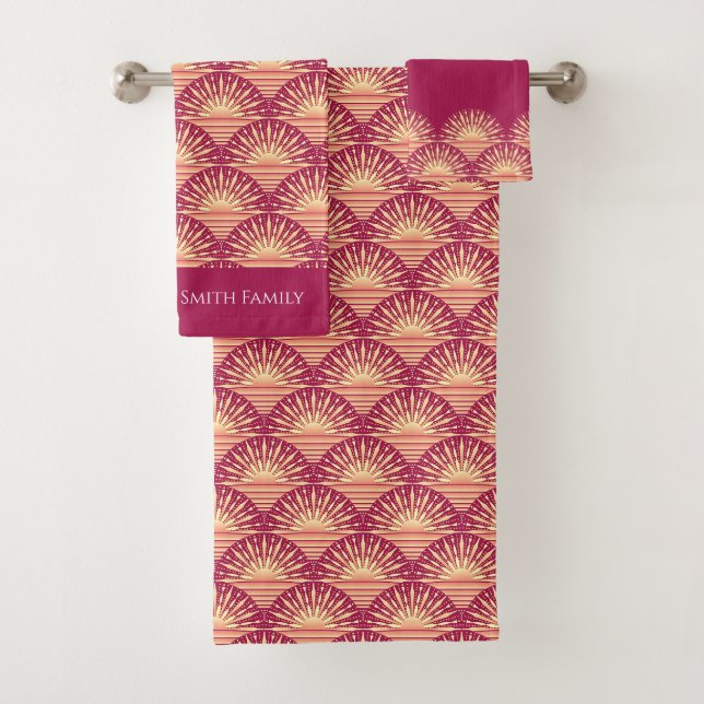 Pink Tropical Boho Pink Gold sunset / sunrise Bath Towel Set (Insitu)