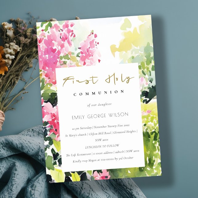 Pink Tropical Bougainvillea First Holy Communion Invitation (Creator Uploaded)