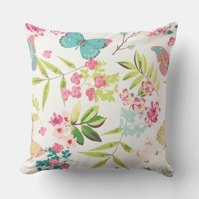 Pink Tropical Butterfly Floral Girly Flower Print Cushion (Front)