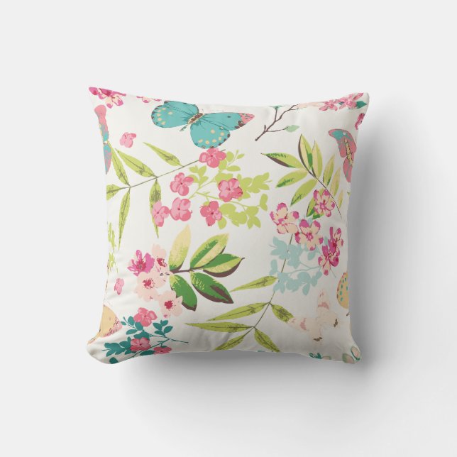 Pink Tropical Butterfly Floral Girly Flower Print Cushion (Front)