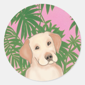 Pink Tropical Circle Stickers with Yellow Lab