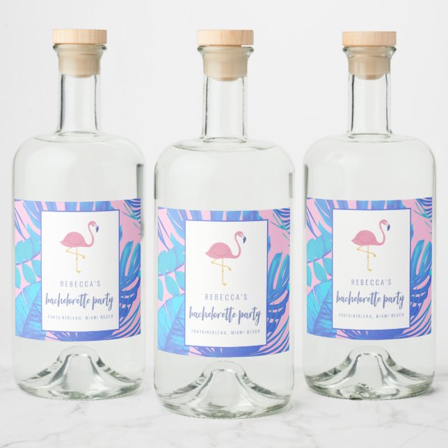 Pink Tropical Flamingo Beach Bachelorette Liquor Bottle Label (Bottles)
