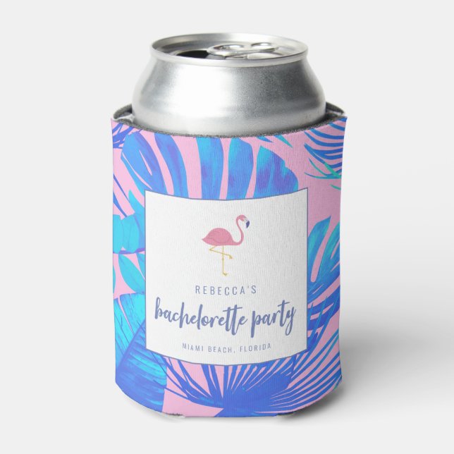 Pink Tropical Flamingo Beach Bachelorette Party Can Cooler (Can Front)
