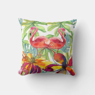 Pink Tropical Flamingo Bird Watercolor Cushion