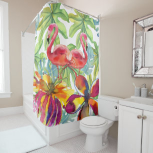 Pink Tropical Flamingo Bird Watercolor Shower Curtain