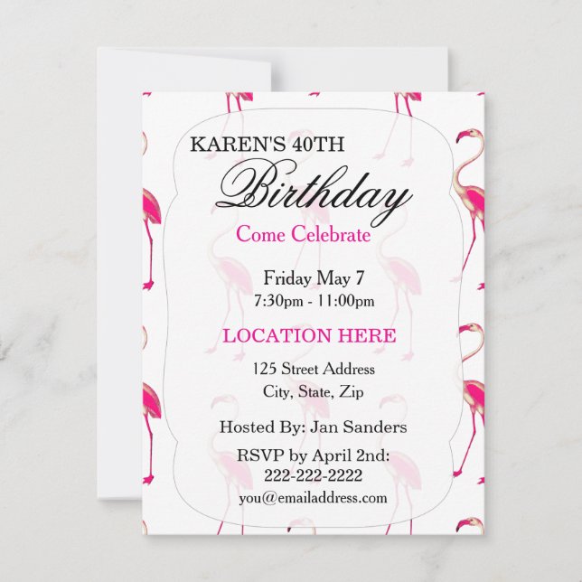Pink tropical flamingo Birthday Party Invitations (Front)