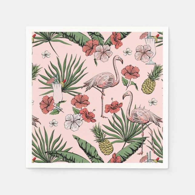 Pink Tropical Flamingo Floral Pattern Napkin (Front)